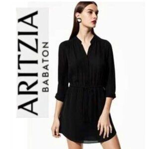 Aritzia Black Pleated Silk Dress Long Sleeves V-Neck Size Medium